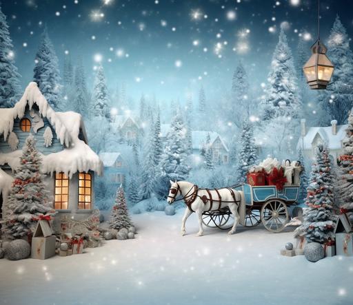 vintage christmas village, with fluffy snow, decorated blue fir trees with vintage ornaments and red bows, horse and sleigh, christmas colors, illustration, 8k, vibrant --ar 37:32 --v 5.1