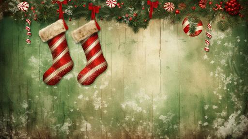 vintage christmas wallpaper torn background with stripes in red and white and green mistletoe christmas sock christmas themed --ar 16:9