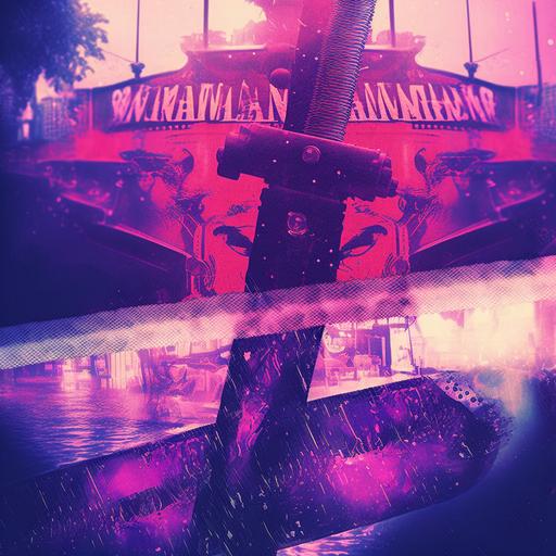 vintage double-exposure panavision. Scarlet and Violet. Violent Romance. Chainsaw sword dual battle for the riverboat carnival --q 2 --v 4