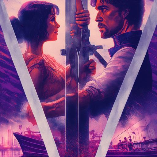 vintage double-exposure panavision. Scarlet and Violet. Violent Romance. Chainsaw sword dual battle for the riverboat carnival --q 2 --v 4