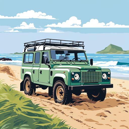 vintage epsom green landrover defender on beach in the style of a vontage travel poster