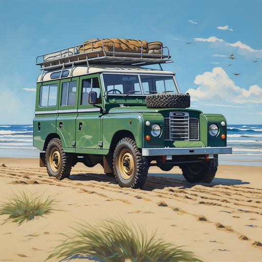 vintage epsom green landrover defender on beach in the style of a vontage travel poster