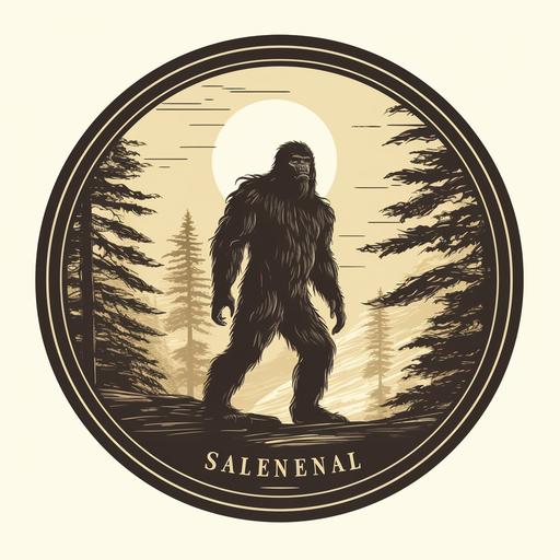vintage feel circular logo for with a friendly sasquatch silhouette in the forrest isolated on white