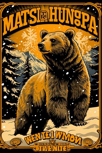 vintage flat bold vector, A calm brown bear standing in the snow with a stormy sky in the background. gazing intensely at the viewer. In the style of vintage flat bold vector advert poster. With the bold title 