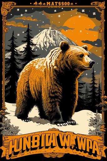 vintage flat bold vector, A calm brown bear standing in the snow with a stormy sky in the background. gazing intensely at the viewer. In the style of vintage flat bold vector advert poster. With the bold title 