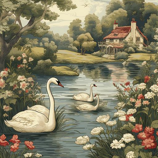 vintage floral pattern, cottage core with birds flying, swans in pond,