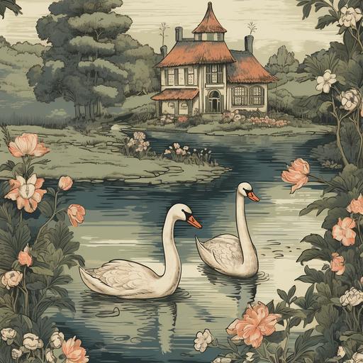 vintage floral pattern, cottage core with birds flying, swans in pond,