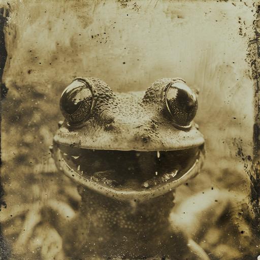 vintage found footage yellowed and burned sepia photonegative refractograph polaroid of an evil anthro furry humanoid frog creature laughing maniacally and staring menacingly with furrowed eyebrows --v 6.0