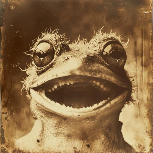 vintage found footage yellowed and burned sepia photonegative refractograph polaroid of an evil anthro furry humanoid frog creature laughing maniacally and staring menacingly with furrowed eyebrows --v 6.0