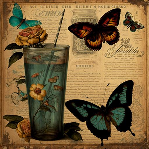 vintage grunge,retro,drinks,butterflies,flowers,