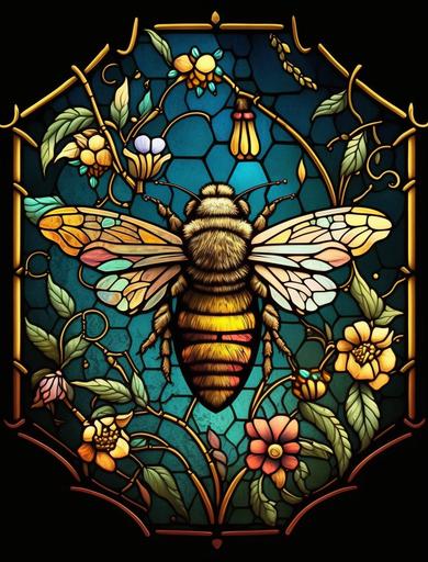 vintage honey bee themed design in stained glass in vivid colors --ar 3:4