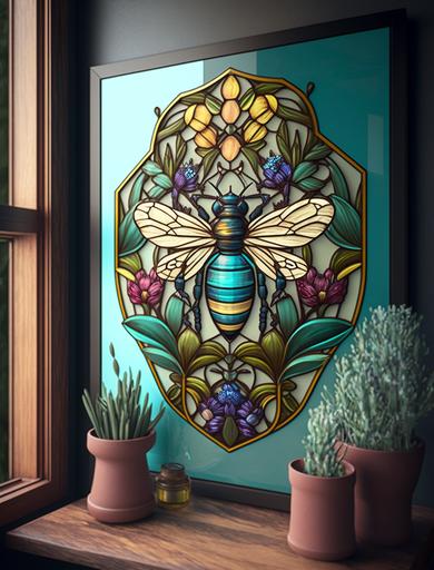 vintage honey bee themed design in stained glass in vivid colors --ar 3:4