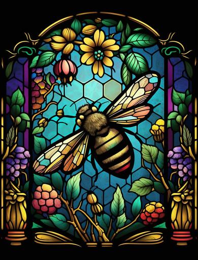 vintage honey bee themed design in stained glass in vivid colors --ar 3:4