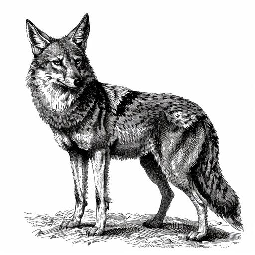 vintage illustration, 1700s, 1800s, coyote, black ink, fine detail, no background