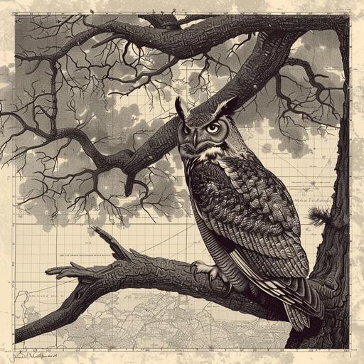 vintage illustration, engraved, handrawn, great horned owl, perched in the distance in a tree, woods, boarder is grid map and coordinates, background topographic