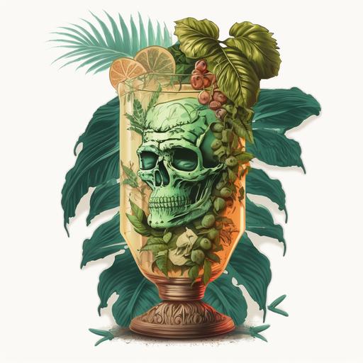 vintage illustration of a zombie tiki cocktail in a tall clear glass, half lime shell upside down in glass, mint sprig garnish, tiki cocktail, no background