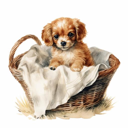 vintage illustration of puppy in a basket, white background, water colors --v 5.0