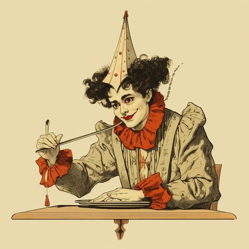 vintage illustration style a court jester eating with chopsticks