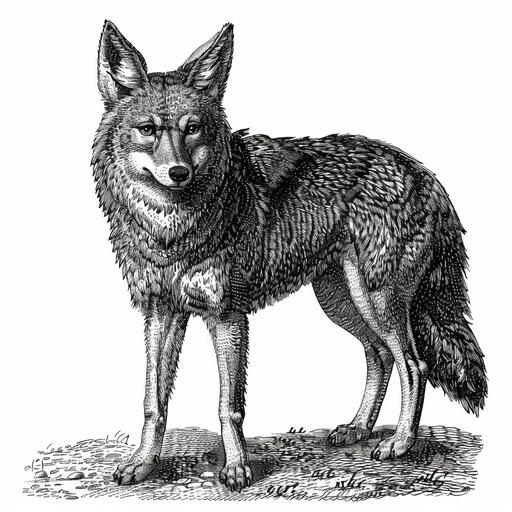 vintage illustration, woodcut, 1700s, 1800s, coyote, black ink, fine detail, no background