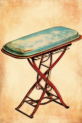 vintage ironing board on ancient paper for digital junk journal colored drawing style --ar 2:3 --v 5.2