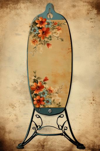vintage ironing board on ancient paper with flower for digital junk journal colored drawing style --ar 2:3 --v 5.2