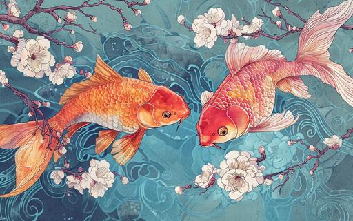 vintage japanese goldfish entwined with cherry blossom, flat-colors, as 2d children's book, illustration, watercolor, 2d rendering, in the style of Corinthian art, gracefully elaborate --ar 8:5 --v 6.0