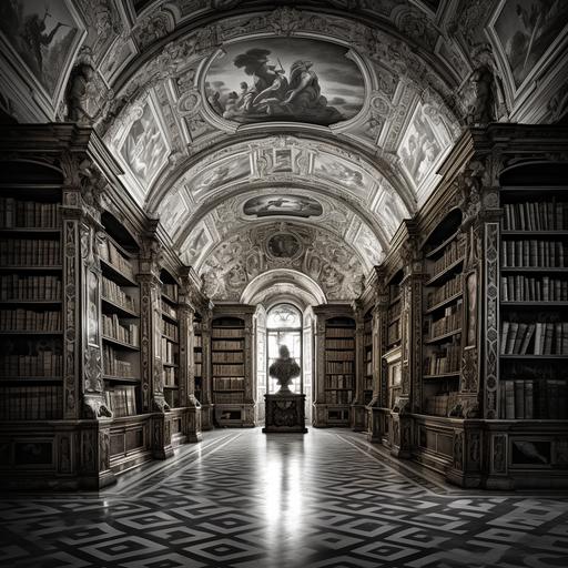 vintage library with book shelves black and white roman style magic woods, lighting, photography, exquisite texture, -  (fast)