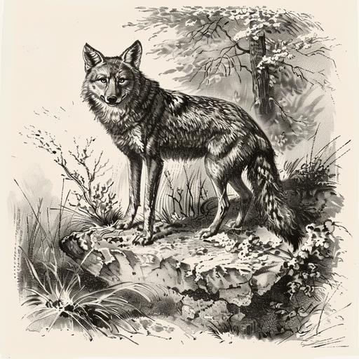 vintage line drawing, engraving illustration, 1700s, 1800s, coyote