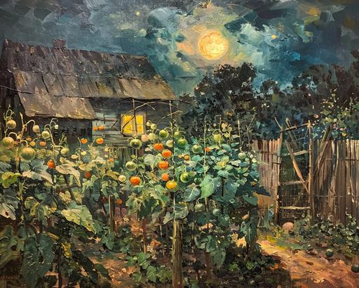 vintage oil painting, lush small backyard vegetables garden with many vegetables growing basking under moon light, night sky,country aesthetic, neutral colors, small trees, tomato plants, farmhouse backyard, bohemian vintage aesthetic, cottagecore aesthetic --ar 5:4