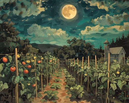 vintage oil painting, lush small backyard vegetables garden with many vegetables growing basking under moon light, night sky,country aesthetic, neutral colors, small trees, tomato plants, farmhouse backyard, bohemian vintage aesthetic, cottagecore aesthetic --ar 5:4