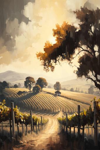 vintage oil painting of a vineyard in Paso Robles, California, landscape, dreamy, sun rays, morning sun, brush strokes, neutral colors, moody colors, muted colors, oil painting, 4k --ar 2:3