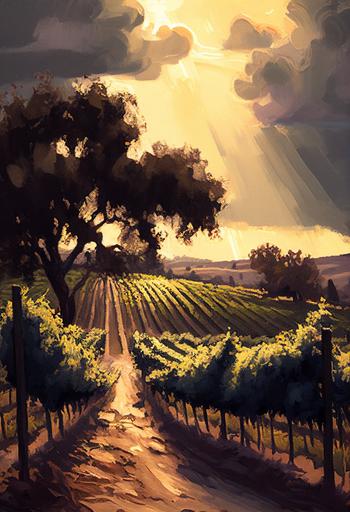 vintage oil painting of a vineyard in Paso Robles, California, landscape, dreamy, sun rays, morning sun, brush strokes, neutral colors, moody colors, muted colors, oil painting, 4k --ar 2:3