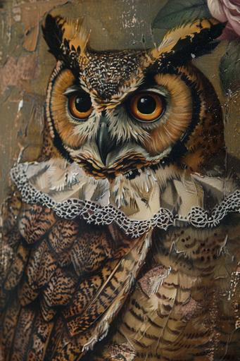 vintage oil painting owl in a corsette sat down --ar 2:3 --v 6.0