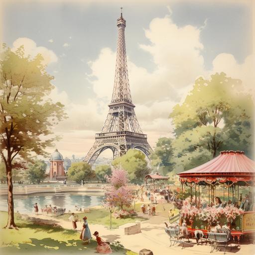 vintage pastel illustration eiffel tower park