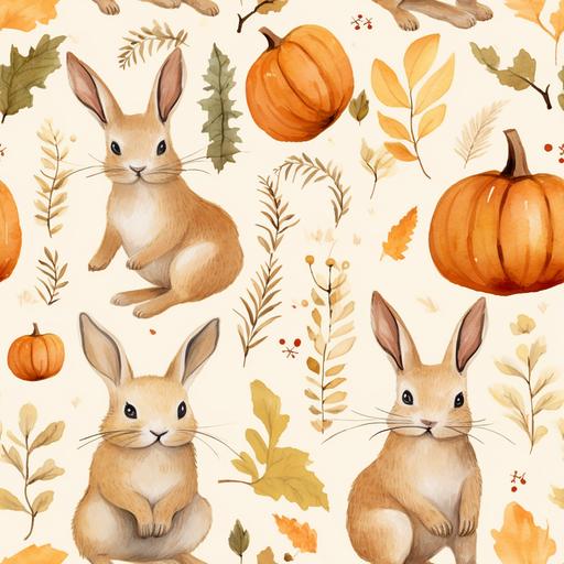 vintage pattern seamless watercolour funny bunny rabbits illustration pattern, in the style of nature-based patterns, naturecore, autumn background, southern countryside, ephemeral patterns, light orange and beige --tile --v 5.2