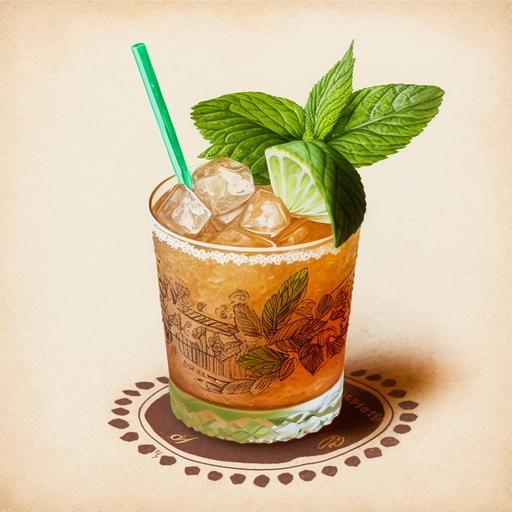 vintage pencil sketch illustration of a mai tai cocktail in a short clear glass, colour for the liquid, one single large ice cube, lime shell garnish, mint sprig garnish, clean background