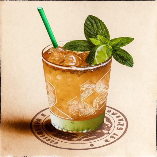 vintage pencil sketch illustration of a mai tai cocktail in a short clear glass, colour for the liquid, one single large ice cube, lime shell garnish, mint sprig garnish, clean background