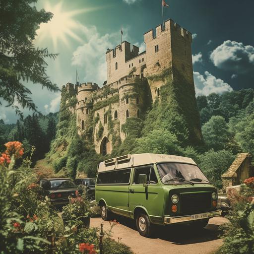 vintage photo of 70s news van outside a giant castle covered with greenery and lasers shooting out the windows