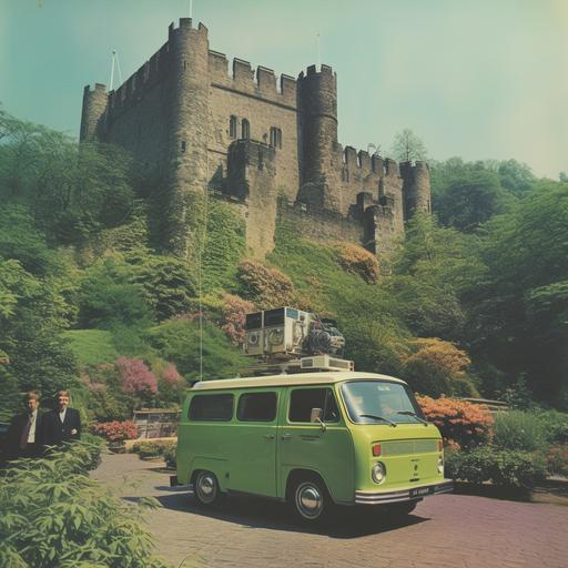 vintage photo of 70s news van outside a giant castle covered with greenery and lasers shooting out the windows
