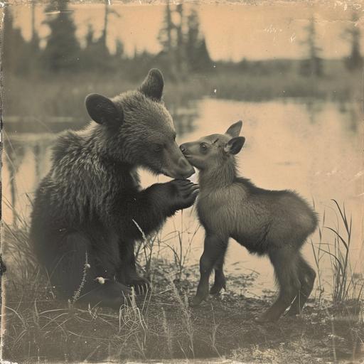 vintage photo of a bear cub playing with moose calf --v 6.0