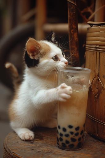 vintage photo of a short haired white tuxedo cat with black spots on eyes and body with black tail, circa 1970s training in Tokyo, sipping boba tea from a huge glass , realistic features --ar 2:3 --stylize 250 --v 6.0