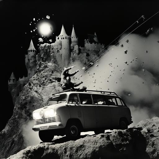 vintage photo of news van escaping exploding castle in space