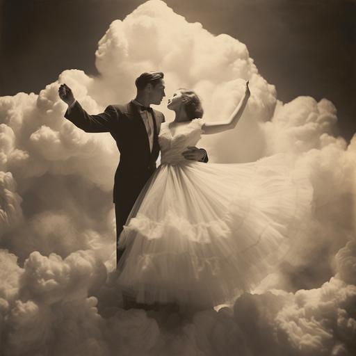 vintage photo of two ballroom dancers dancing on a cloud