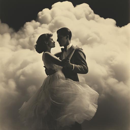 vintage photo of two ballroom dancers dancing on a cloud