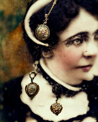 vintage photograph locket around the neck of a high society victorian woman, close up, macro photography, jewelry photography --ar 8:10
