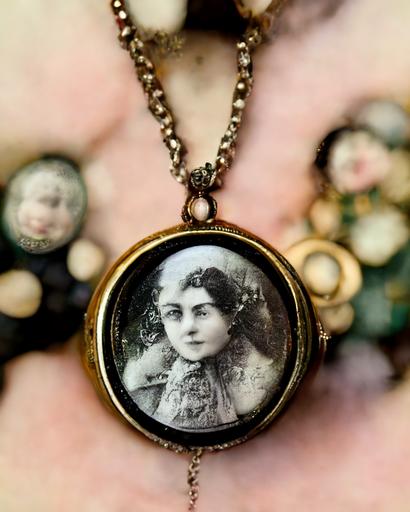 vintage photograph locket around the neck of a high society victorian woman, close up, macro photography, jewelry photography --ar 8:10