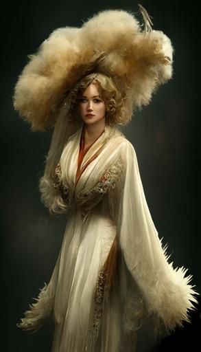 vintage photograph of a victorian woman strongly resembling jennifer lawrence, feather robe long, robe with feathers, bridal robe with train, feather bottom robe, dark feather robe, massive curly blonde wig, brown eyes, sultry facial expression, character concept art, studio portrait, 8k cgi rendered in octane::1 drag queen::0.4 --ar 89:144  --uplight