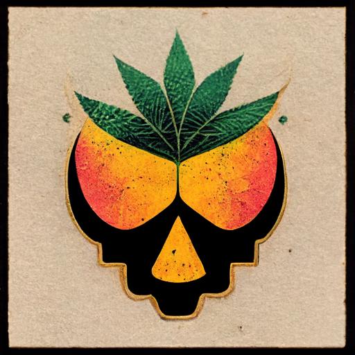 vintage poison logo with mango colored skull and marijuana leaf