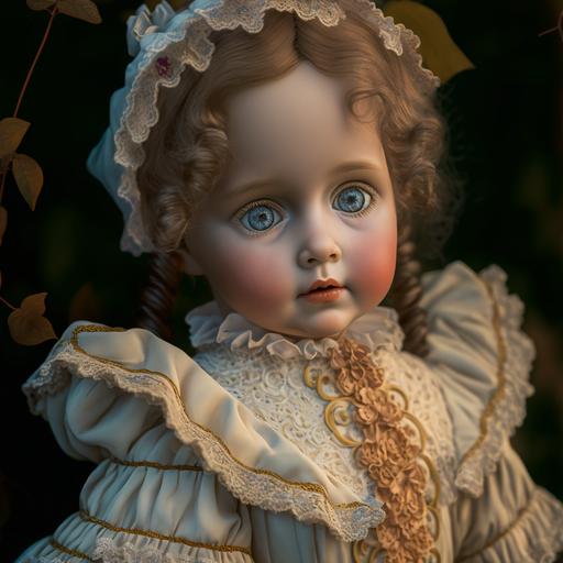 vintage porcelain doll in a beautiful dress cinematic, ultrarealistic, photorealistic, modern style HDR 8k --v 4