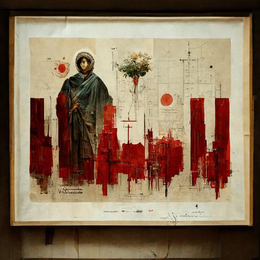 vintage poster + Julian of Norwich + chestnuts + small room + church + medieval+ interior + crucifix + Christ + plague + Jesus :: cy Twombly style art